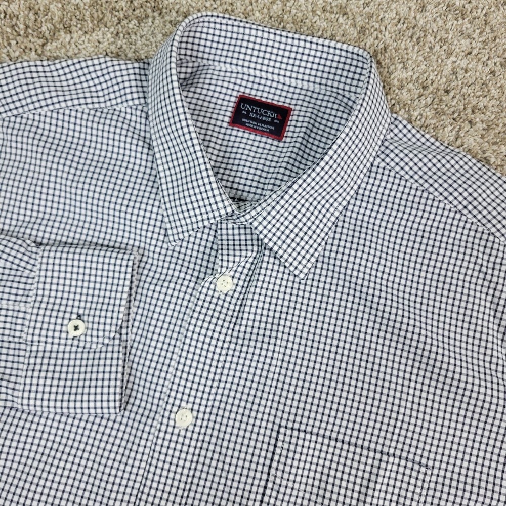 Untuckit Mens 2XL White Navy Check Performance Stretch Button Up Long Sleeve